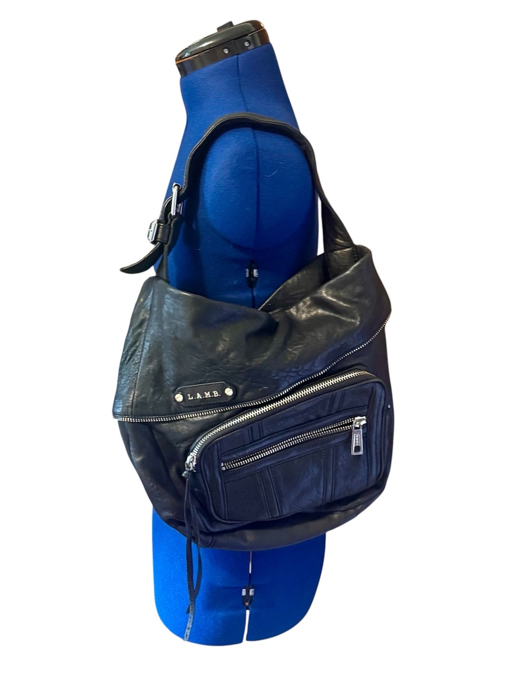 L.A.M.B. Black Leather Shoulder Bag with Front Zipper Pocket